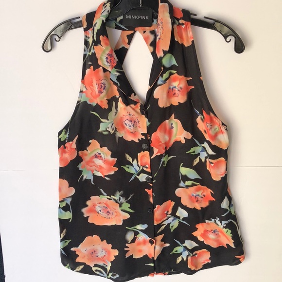 MINK PINK Black Floral Cutout Back Racerback Sleeveless Button Down Blou… - Picture 3 of 6